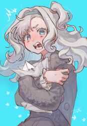  1girl ^^^ blue_background blue_eyes blue_hairband blush commentary_request crossed_arms envelope freckles grey_hair grey_sweater hairband hand_on_own_arm highres holding holding_paper matilda_bouanich medium_hair one_side_up open_mouth paper reverse:1999 solo surprised sweat sweater taniai_0016 
