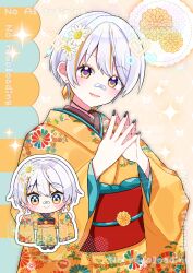  1girl absurdres bandaid bandaid_on_face bandaid_on_nose black_nails blush character_request chibi closed_mouth commentary_request commission copyright_request cowboy_shot english_commentary highres japanese_clothes kimono long_sleeves looking_at_viewer mixed-language_commentary multicolored_hair multiple_views nail_polish obi open_mouth orange_kimono orange_streaks outline red_sash sash short_hair skeb_commission smile sparkle steepled_fingers streaked_hair wataco_coco watermark white_hair white_outline wide_sleeves yellow_eyes 