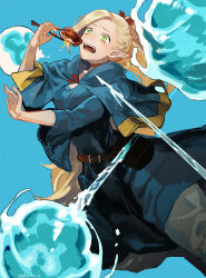  1girl belt blonde_hair blue_background blue_capelet blue_robe capelet choker chopsticks dodging dungeon_meshi eating edo_mond_(edoedoedomond) elemental_(creature) elf english_commentary food green_eyes highres holding holding_chopsticks holding_with_chopsticks hood hooded_capelet incoming_attack marcille_donato open_mouth orb panicking pointy_ears ponytail red_choker red_ribbon ribbon robe spraying teeth undine_(dungeon_meshi) water 