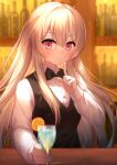  1girl black_bow blonde_hair bow bowtie breasts buttons closed_mouth collared_shirt cup dot_nose drinking_glass food fruit gu_gu_da_mo_wang hair_between_eyes highres holding holding_cup long_hair long_sleeves looking_at_viewer orange_(fruit) orange_slice original pink_eyes shirt solo upper_body very_long_hair white_shirt wing_collar 