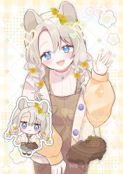  1girl :3 :d absurdres animal_ears bag blue_eyes blush braid brown_jacket brown_overalls character_request chibi closed_mouth commentary_request commission copyright_request cowboy_shot english_commentary grey_hair grid_background hair_between_eyes hand_up heart highres jacket jewelry long_hair long_sleeves looking_at_viewer mixed-language_commentary multiple_views necklace open_clothes open_jacket open_mouth overalls parted_bangs pixelated ribbed_sweater shirt skeb_commission smile sparkle sweater turtleneck turtleneck_sweater twin_braids wataco_coco watermark white_shirt 