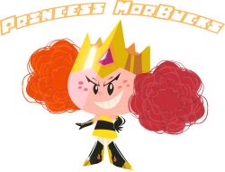  1girl afro_puffs black_boots black_eyes black_gloves boots character_name child commentary crown dress elbow_gloves english_commentary evil_smile freckles full_body gem gloves gold_crown gold_trim hand_on_own_hip highres knee_boots looking_at_viewer orange_hair outstretched_arm pantyhose powerpuff_girls princess_morbucks purple_gem riderb0y short_dress sleeveless smile standing teeth toon_(style) twintails v-shaped_eyebrows white_background white_pantyhose yellow_dress 