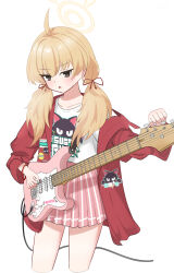  1girl ahoge blue_archive blush bracelet brown_eyes collarbone commentary_request cowboy_shot dere_mono_j guitar hair_between_eyes hair_over_shoulder halo highres holding holding_guitar holding_instrument holding_plectrum instrument jacket jewelry long_hair long_sleeves low_twintails miniskirt open_clothes open_jacket open_mouth outside_border pink_skirt pleated_skirt plectrum print_shirt red_jacket shirt sidelocks simple_background single_off_shoulder skirt solo standing t-shirt thighs tuning_instrument twintails white_background yellow_halo yoshimi_(band)_(blue_archive) yoshimi_(blue_archive) 