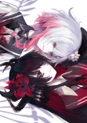  2girls black_choker black_hair black_horns black_shirt blood blood_on_clothes brooch choker closed_mouth commentary_request crown dark_persona extra_eyes extra_horns eye_contact flower hair_flower hair_ornament highres hina_taira horns jewelry long_hair looking_at_another mahou_shoujo_no_majo_saiban multicolored_hair multiple_girls neck_ribbon necktie nikaido_hiro pink_hair red_eyes red_flower red_necktie ribbon rotational_symmetry sakuraba_ema shirt sideways skeletal_wings smile spoilers white_hair white_ribbon wings witch_(manosaba) 