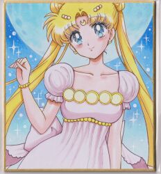  1girl back_bow bead_bracelet beads bishoujo_senshi_sailor_moon blonde_hair blue_eyes blush bow bracelet breasts chikoto_(kztc4472) closed_mouth collarbone commentary cowboy_shot crescent crescent_earrings crescent_facial_mark double_bun dress earrings facial_mark forehead_mark full_moon hair_beads hair_bun hair_ornament hand_up head_tilt highres jewelry lips lone_nape_hair long_hair looking_at_viewer medium_breasts moon night outdoors parted_bangs photo_(medium) picture_frame pink_bow pink_dress princess_serenity puffy_short_sleeves puffy_sleeves short_sleeves sky smile solo standing star_(sky) starry_sky traditional_media tsukino_usagi twintails very_long_hair 