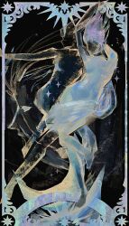  1girl abstract black_background black_choker border choker commentary dahnu earrings english_commentary floating_hair hair_floating_upwards highres hoop_earrings jewelry jujutsu_kaisen ornate_border partially_invisible pink_hair see-through_body sky solo star_(symbol) uro_takako 