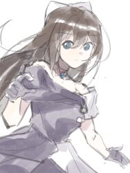  1girl :/ black_dress black_gloves blue_eyes bow brown_hair closed_mouth commentary cowboy_shot dress expressionless gloves hair_bow highres long_hair love_live! love_live!_nijigasaki_high_school_idol_club off-shoulder_dress off_shoulder osaka_shizuku ruoguiling simple_background solitude_rain_(love_live!) solo split-color_clothes two-tone_dress untranslatable_commentary white_background white_bow white_dress 