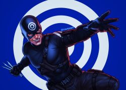  1boy belt black_gloves blue_background blue_bodysuit bodysuit bullseye_(marvel) character_logo commentary covered_abs covered_pectorals daredevil_(netflix) daredevil_(series) english_commentary facial_hair gloves grey_pants grin highres holding holding_knife knife looking_up male_focus marvel muscular muscular_male pants pectorals reaching realistic rounyawn smile solo stubble superhero_costume twitter_username western_comics_(style) 