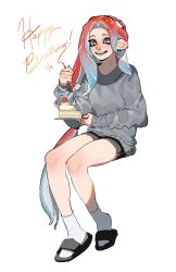  1other black_sandals black_shorts blue_hair cake cephalopod_eyes commentary dated dolphin_shorts english_commentary food gradient_hair grey_eyes grey_sweater happy_birthday highres holding holding_plate long_hair multicolored_hair octoling_player_character open_mouth plate red_hair rn_mnrn sandals shorts simple_background smile socks splatoon_(series) strawberry_shortcake sweater two-tone_hair very_long_hair white_background white_socks 
