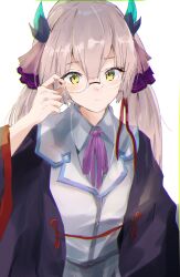  1girl absurdres adjusting_eyewear bespectacled black_robe blunt_bangs blunt_ends brown_hair closed_mouth collared_shirt commentary_request commission cowboy_shot eyes_visible_through_hair fake_horns glasses hair_between_eyes hair_ribbon hand_up heaven_burns_red highres horns long_hair long_sleeves looking_at_viewer neck_ribbon no53_(pixiv_77486930) ogasahara_hisame open_clothes open_robe purple_ribbon red_pupils ribbon robe round_eyewear shirt sidelocks simple_background slit_pupils solo straight_hair twintails white_background white_shirt wide_sleeves yellow_eyes 