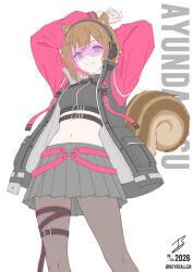  1girl absurdres animal_ears aqua_eyes arms_behind_head ayunda_risu ayunda_risu_(cyberpunk) black_skirt brown_hair character_name chest_harness closed_mouth cowboy_shot crop_top dated full_body grey_pantyhose hair_ornament harness headset highres hololive jacket looking_at_viewer midriff miniskirt multicolored_jacket navel official_alternate_costume open_clothes open_jacket pantyhose pink-tinted_eyewear pink_jacket realen signature simple_background skirt smile solo squirrel_ears squirrel_girl squirrel_tail standing tail tinted_eyewear twitter_username two-tone_jacket virtual_youtuber white_background x_hair_ornament 