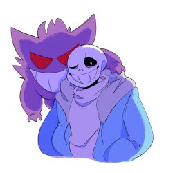  1:1 1boy 2023 2d aqua_sweater backlighting blue_jacket colored_sclera commentary cropped_torso crossover digital_media double_horizontal_stripe duo english_commentary gengar ghost grey_hood grin hand_on_another's_shoulder hands_in_pockets highres hollow_eyes hood hood_down hooded_jacket horizontal-striped_clothes horizontal-striped_jacket humanoid jacket long_sleeves male monster monster_boy one_eye_closed onerudegentlman open_clothes open_jacket pokemon pokemon_(creature) red_sclera sans_(undertale) simple_background skeleton slit_pupils smile striped_jacket sweater teeth undead undertale utdr_(toby_fox) white_background 