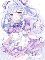  1girl :d absurdres animal apron blush bow bowtie commentary_request commission cowboy_shot double-parted_bangs dress frilled_apron frills glove_bow gloves grey_hair hair_bow highres holding_own_dress leg_up long_hair looking_at_viewer open_mouth original pink_eyes purple_bow purple_bowtie purple_dress purple_shoes satou_uyu sheep shoes short_dress signature single_hair_intake skeb_commission smile socks solo striped_bow striped_bowtie striped_clothes twintails white_apron white_gloves white_socks 