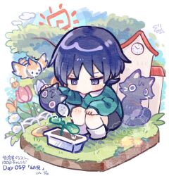  1boy aged_down animal_print animalization bee bird black_shorts blue_sky blunt_ends blush boots bright_pupils bug building butterfly cat_print child choppy_bangs clock clouds cloudy_sky collared_shirt diorama eyeliner finch flower genshin_impact grass green_shirt green_sleeves gurumin_(gurruguru) hand_on_own_knee holding holding_watering_can kindergarten_uniform looking_at_object makeup male_focus official_alternate_costume orange_butterfly person_and_animalization pink_flower plant potted_plant purple_hair red_eyeliner rounded_collar scaramouche_(cat)_(genshin_impact) scaramouche_(genshin_impact) shirt shorts sky smock solo sprout squatting sun tree twitter_username violet_eyes watering watering_can watermark white_boots white_flower white_pupils 