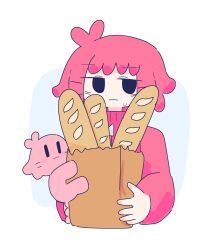  1girl antenna_hair bag baguette bread chiccha_na_watashi_(synthesizer_v) commentary_request creature cropped_torso food grocery_bag highres holding holding_bag jacket kasane_teto looking_to_the_side negitoro_(ntlrjqsolnlijmr) pink_hair pink_jacket shopping_bag short_hair solid_oval_eyes synthesizer_v utau white_background 