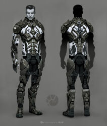  1boy armor armored_bodysuit armored_boots black_hair bodysuit boots closed_mouth colored_skin commentary company_logo company_name concept_art copyright_logo copyright_name dated english_commentary eve_online from_behind full_body gloves grey_background grey_bodysuit greyscale highres lips logo looking_at_viewer minmatar_republic_(eve_online) monochrome multicolored_hair multiple_views nose official_art photoshop_(medium) realistic science_fiction short_hair simple_background solo standing undoz 
