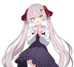  1girl :d alternate_costume black_dress blunt_bangs blunt_ends blush bow bowtie chinese_commentary clenched_hands collarbone commentary_request commission cowboy_shot dress eyes_visible_through_hair fang frilled_dress frilled_sailor_collar frills grey_hair hair_ornament hair_ribbon hairclip hands_up happy heaven_burns_red hime_cut jyt long_hair long_sleeves looking_at_viewer ogasahara_hisame open_mouth parallel_hairclips puffy_long_sleeves puffy_sleeves red_bow red_bowtie red_ribbon ribbon sailor_collar sailor_shirt second-party_source shirt sidelocks simple_background sleeveless sleeveless_dress smile solo tsurime twintails very_long_hair white_background white_sailor_collar white_shirt yellow_eyes 