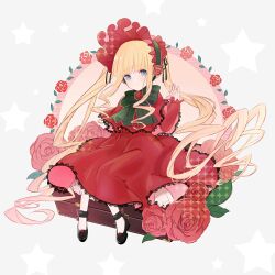  1girl absurdly_long_hair ankle_bow anklet black_bow black_ribbon black_shoes blonde_hair blue_eyes blunt_bangs bonnet bow bowtie brooch capelet chinese_commentary classic_lolita closed_mouth commentary_request dot_nose dress expressionless eyelashes flower flower_brooch footwear_flower frilled_headwear frilled_sleeves frills full_body green_bow green_bowtie grey_background hair_ribbon hair_spread_out halftone hand_up hat hat_flower high_heels highres jewelry lace-trimmed_capelet lace-trimmed_dress lace_trim leaf light_blush light_frown lolita_fashion long_dress long_hair long_sidelocks long_sleeves looking_at_viewer miqing mixed-language_commentary on_suitcase pantyhose petticoat picture_frame pleated_dress puffy_long_sleeves puffy_sleeves pumps red_bonnet red_capelet red_dress red_flower red_rose ribbon rose rozen_maiden shinku shoes sidelocks sitting sleeves_past_wrists solo star_(symbol) star_symbol_background suitcase tareme twintails very_long_hair wavy_hair white_pantyhose 