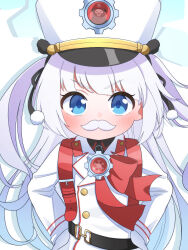  1girl absurdres backpack bag blue_archive blue_eyes blue_halo blush cherino_(blue_archive) coat commentary_request drop_shadow fake_facial_hair fake_mustache from_above halo hands_on_own_hips hat highres long_hair long_sleeves looking_at_viewer petako_(ptpt_k) sidelocks simple_background solo upper_body very_long_hair white_background white_coat white_hair white_hat 