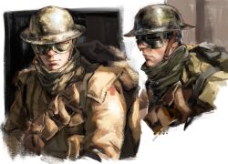  1boy backpack bag bandolier belt brodie_helmet brown_jacket bullfrogsan closed_mouth combat_helmet cropped_torso cross goggles green_scarf helmet highres jacket male_focus military_uniform multiple_views original pouch red_cross scarf soldier union_jack 