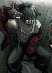  1boy absurdres asura_(soul_eater) baggy_pants bare_shoulders black_hair black_nails black_pants commentary contemporary ear_piercing enki_uwu extra_eyes face_piercing finger_gun finger_gun_to_head from_above full_body graffiti hair_between_eyes half-closed_eye highres jacket looking_at_viewer male_focus multiple_piercings nose_piercing on_toilet pants piercing red_eyes red_jacket sitting smile solo soul_eater tank_top toilet_stall tongue tongue_out tongue_piercing uneven_eyes untranslatable_commentary 