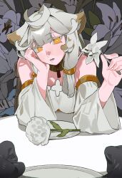  1girl 1other ahoge animal_ears bright_pupils character_request check_character check_copyright commentary_request copyright_request cow_ears cow_girl dongbaek_(project_moon) double-parted_bangs dress flower grey_hair highres holding holding_flower kemonomimi_mode korean_commentary limbus_company open_mouth plate pov pov_hands project_moon sitting solo_focus table upper_body white_dress white_flower white_pupils yellow_eyes yongsadragon 