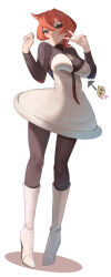  1girl absurdres arms_up arrow_(symbol) black_pantyhose black_sleeves blush boots commentary_request dress heart high_heel_boots high_heels highres knee_boots looking_at_viewer mars_(pokemon) momdy_(talesshinja) pantyhose pokemon pokemon_diamond/pearl/platinum red_eyes red_hair shadow short_dress smile smirk smug solo team_galactic v white_background white_boots white_dress 