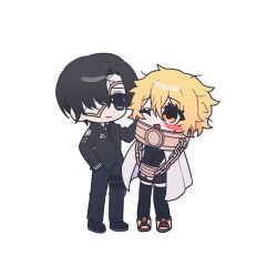  1boy 1girl black_necktie black_skirt black_thighhighs blonde_hair brown_shoes cape chain chained chained_wrists collar commentary_request cracked_mask cuffs don_quixote_(project_moon) eye_mask gloves gojin11 half_eye_mask highres index_(identity)_(project_moon) jacket korean_commentary limbus_company long_sleeves mask mask_over_one_eye metal_collar necktie project_moon shackles shirt shoes short_hair simple_background skirt thigh-highs vest white_background white_cape white_shirt yellow_eyes yi_sang_(project_moon) 