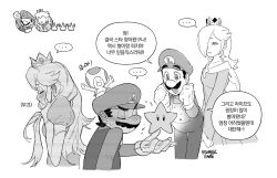  ... 2girls 3boys :d ^_^ arms_up artist_name blush brothers closed_eyes commentary_request crown dress ear_blush earrings elbow_gloves embarrassed facial_hair gameplay_mechanics gloves greyscale hair_over_one_eye half-closed_eyes highres jewelry korean_commentary korean_text long_hair luigi mario monochrome multiple_boys multiple_girls mustache overalls princess_peach rosalina shirt siblings smile speech_bubble ssuregigame star_(symbol) star_earrings super_mario_bros. super_star_(mario) sweatdrop toad_(mario) translation_request white_background 