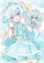  1girl :3 :d absurdres ahoge bandaid bandaid_on_leg blue_choker blue_eyes blue_hair blue_neckerchief blue_sailor_collar blue_shirt blue_shorts blue_skirt blush borrowed_character chibi choker closed_mouth commentary_request commission cowboy_shot double-parted_bangs english_commentary fang frilled_shorts frills hair_between_eyes hands_up head_wings highres long_hair looking_at_viewer mixed-language_commentary multiple_views neckerchief open_mouth original sailor_collar shirt shorts skeb_commission skin_fang skirt sleeveless sleeveless_shirt small_horns smile two_side_up wataco_coco wings 