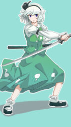  1girl absurdres aqua_background black_shoes blue_eyes brown_vest buttons center_frills closed_mouth collarbone commentary_request frilled_sleeves frilled_socks frills full_body green_skirt grey_hair highres holding holding_sword holding_weapon katana konpaku_youmu legs_apart long_skirt long_sleeves looking_at_viewer mary_janes outline outstretched_arms pi-nattus shirt shoes short_hair simple_background skirt skirt_set socks solo sword touhou vest weapon white_shirt white_socks 