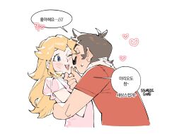  1boy 1girl :d antenna_hair artist_name blonde_hair blue_eyes blush brown_hair commentary_request facial_hair heart hetero highres hug kiss kissing_cheek korean_commentary korean_text long_hair mario mustache one_eye_closed princess_peach red_shirt shirt short_hair short_sleeves sidelocks smile speech_bubble ssuregigame super_mario_bros. sweatdrop translation_request white_background 