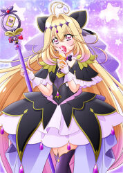  1girl antenna_hair black_bow black_bowtie black_capelet black_dress black_thighhighs blonde_hair bow bowtie braid brooch capelet commentary_request cowboy_shot crown_braid cure_arcana_shadow diamond_hairband dress earrings eating frilled_capelet frilled_cuffs frilled_dress frills gradient_hair hair_bow hair_intakes heart heart_brooch highres holding holding_ice_cream_cone holding_staff ice_cream_cone jewelry layered_dress long_hair looking_at_viewer magical_girl meitantei_precure! moria_luluka multicolored_hair partial_commentary pink_eyes precure purple_background purple_veil shadohomuun short_dress solo sparkle staff standing star_(symbol) tear_arcana_rod thigh-highs veil very_long_hair 