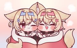  2girls ;3 =_= animal_collar animal_ear_fluff animal_ears bandaid bandaid_hair_ornament black_collar black_jacket blonde_hair blue_hairband blue_streaks blush_stickers cheek-to-cheek chibi chibi_only closed_eyes collar dog_ears dog_girl dog_tail double-parted_bangs ear-to-ear fake_horns fur-trimmed_jacket fur_trim fuwawa_abyssgard fuwawa_abyssgard_(1st_costume) gradient_background hair_between_eyes hair_ornament hairband hairclip heads_together hololive hololive_english horn_hairband horns jacket long_hair long_sleeves mming_(mmingis18) mococo_abyssgard multicolored_hair multiple_girls one_eye_closed orange_background parallel_hairclips pink_hairband pink_streaks red_eyes shared_blanket shirt short_hair siblings simple_background sisters streaked_hair tail twins two_side_up virtual_youtuber white_shirt x_hair_ornament 