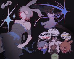  absurdly_long_hair absurdres ancient_rabbit animal_ears anniewilump antlers assassin_rabbit black_background black_camisole black_hair bow_(weapon) braid brown_hair camisole chibi closed_mouth dark-skinned_female dark_skin dragon dress emoji english_commentary english_text hair_over_eyes half_up_braid highres holding holding_bow_(weapon) holding_weapon horns jackalope_girl light_particles long_bangs long_hair looking_at_viewer medium_hair multicolored_hair multiple_girls ponytail pyromancer_rabbit rabbit_and_steel rabbit_ears rabbit_girl ribbon-trimmed_tube_top scarf shaded_face simple_background sniper_rabbit sparkle speech_bubble thigh_strap thought_bubble very_long_hair weapon white_dress white_hair 