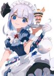  absurdres apron blue_eyes blue_shirt bow bowtie frilled_skirt frills grey_hair hat highres hitodama konpaku_youmu konpaku_youmu_(ghost) konpaku_youmu_(shivering_maid_samurai) looking_at_viewer maid maid_apron maid_headdress mob_cap myon_(phrase) parfait puffy_short_sleeves puffy_sleeves red_bow red_bowtie ryes_8 sheath shirt short_hair short_sleeves skirt sliding_doors smile touhou touhou_lost_word tray 