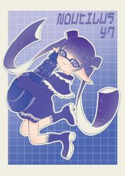  1girl black_dress black_shoes blue_background border closed_mouth commentary_request dress eyelashes floating_hair full_body gradient_background grid_background high_heels highres inkling inkling_girl inkling_player_character long_hair looking_at_viewer mu7_6na nautilus_(splatoon) outside_border pointy_ears purple_hair shoes simple_background solo splatoon_(series) splatoon_3 tentacle_hair twintails very_long_hair violet_eyes white_border 