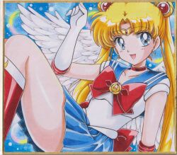  1girl :d angel_wings arm_support arm_up back_bow bishoujo_senshi_sailor_moon blonde_hair blue_background blue_eyes blue_sailor_collar blue_skirt boots bow breasts bubble_background chikoto_(kztc4472) choker collarbone commentary crescent crescent_earrings double_bun earrings elbow_gloves feathered_wings feathers gem gloves gold_tiara hair_bun hair_ornament highres jewelry knee_boots knee_up leotard light_blush lone_nape_hair long_hair looking_to_the_side magical_girl medium_breasts miniskirt open_mouth parted_bangs photo_(medium) picture_frame pleated_skirt reclining red_boots red_bow red_choker red_gem red_trim sailor_collar sailor_moon sailor_senshi_uniform short_sleeves skirt smile solo thighs tiara traditional_media transformation_brooch_(sailor_moon) tsukino_usagi twintails very_long_hair white_gloves white_leotard white_trim white_wings wings 