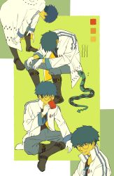  1boy absurdres boots chaojufei chinese_commentary commentary_request cup glasses gloves green_hair highres hijinrui_gakuen holding holding_cup lab_coat mug multiple_views round_eyewear sharp_teeth short_hair snake solo teeth white_gloves 