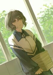  1girl absurdres backlighting blue_jacket blue_pants book book_stack chinese_commentary chinese_track_school_uniform closed_mouth commentary_request day dutch_angle grey_hair highres holding holding_book indoors jacket jiaoshi_(8180938687) looking_at_viewer multicolored_jacket original pants school_uniform short_hair sky solo tile_wall tiles track_jacket tree two-tone_jacket upper_body white_jacket white_sky window yellow_eyes 