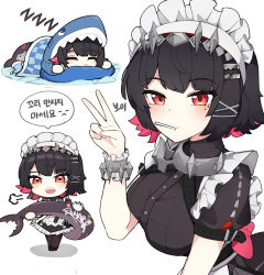  1girl absurdres animal_costume black_dress black_hair breasts candy colored_inner_hair commentary_request dress ellen_joe fins fish_tail food food_in_mouth frilled_wristband hairband hand_up head_on_pillow highres large_breasts lollipop lollipop_in_mouth looking_at_viewer lying maid_headdress metal_hairband mole mole_under_eye multicolored_hair multiple_views nueong on_stomach open_mouth pillow puff_of_air razor_blade_hair_ornament red_eyes scar scar_on_tail shark_costume shark_girl shark_tail sharp_teeth short_hair simple_background sleeping speech_bubble spiked_headband tail teeth translation_request v white_background zenless_zone_zero zzz 