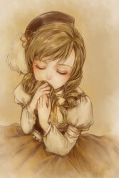  1girl bad_id bad_pixiv_id beret blonde_hair blush bow bowtie closed_eyes colored_eyebrows corset covering_own_mouth detached_sleeves dress drill_hair hair_in_own_mouth hair_ornament hairpin hat holding_own_hair long_dress long_sleeves mahou_shoujo_madoka_magica parted_bangs pleated_skirt puffy_short_sleeves puffy_sleeves short_sleeves simple_background skirt solo tomoe_mami tomoe_mami_(magical_girl) twin_drills twintails upper_body white_background yellow_bow yellow_bowtie yellow_dress yukishiro_(hitsuji) 