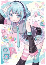  1girl 39 :p aqua_hair aqua_necktie asymmetrical_legwear bandaid bandaid_on_cheek bandaid_on_face bare_shoulders black_leg_warmers black_skirt black_sleeves blue_hair border braid breasts cherry chibana_sora collared_shirt colorful_background commentary crosshair dated detached_sleeves doughnut dress food frilled_dress frilled_skirt frills fruit grey_shirt handheld_game_console hatsune_miku headphones highres leaning_forward leg_warmers legwear_garter long_hair looking_at_viewer medium_breasts miku_day mismatched_legwear multiple_braids musical_note name_tag necktie salute shirt sidelocks single_fishnet_legwear skirt smile solo speaker standing striped_clothes striped_thighhighs stuffed_animal stuffed_toy thigh-highs tongue tongue_out translation_request two-tone_sleeves vocaloid white_border wings 