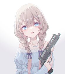  1girl absurdres bare_shoulders blonde_hair blue_eyes braid dress earrings flat_chest gun highres holding holding_gun holding_weapon jewelry long_hair looking_at_viewer mole mole_under_eye necklace oota_youjo original revolver rsh-12 smile solo twin_braids upper_body weapon 