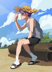  1boy black_sandals black_shorts blue_hair blue_sky bracelet closed_mouth clouds commentary english_commentary full_body green_eyes grey_shirt hat highres inkling inkling_boy inkling_player_character jewelry leaf male_focus multiple_bracelets on_log outdoors rn_mnrn sand sandals shadow shirt shorts sky smile socks solo splatoon_(series) standing straw_hat white_socks 