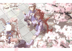  4girls absurdres animal_ears auklet5580 bag beret birthday_sash blush bow bowtie breasts brown_hair brown_shoes cardigan cherry_blossoms cheval_grand_(umamusume) closed_eyes collarbone commentary_request ear_covers ears_through_headwear feather_hair_ornament feathers green_eyes hair_between_eyes hair_ornament hat hat_belt highres holding holding_bag holding_hands horse_ears horse_girl horse_tail long_hair low_twintails multicolored_hair multiple_girls open_mouth outdoors pink_cardigan pleated_skirt purple_sailor_collar purple_serafuku purple_shirt purple_skirt purple_thighhighs red_hair sailor_collar sailor_shirt school_bag school_uniform serafuku shirt shoes siblings single_ear_cover sisters skirt small_breasts smile streaked_hair tail thigh-highs tracen_school_uniform twintails umamusume v_sisters verxina_(umamusume) vivlos_(umamusume) white_bow white_bowtie white_hat win_variation_(umamusume) 