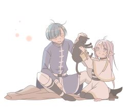  1boy 1girl :3 animal black_cat black_pantyhose black_shirt blue_hair blue_shirt capelet cat closed_eyes closed_mouth commentary_request earrings elf frieren gold_trim green_eyes highres himmel_(sousou_no_frieren) holding holding_animal holding_cat jewelry long_hair pantyhose petting pointy_ears sachinyopo shirt short_hair sitting skirt skirt_set sousou_no_frieren striped_clothes striped_shirt white_background white_capelet white_hair white_shirt white_skirt 