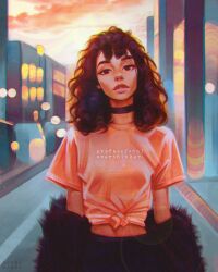  1girl angel_ganev artist_name backlighting black_choker black_eyes black_jacket black_pants breasts brown_hair center-flap_bangs choker chromatic_aberration clouds commentary cowboy_shot curly_hair dark-skinned_female dark_skin english_commentary english_text film_grain front-tie_top fur_jacket highres jacket jacket_partially_removed lips long_sleeves looking_at_viewer medium_hair midriff no_pupils nostrils open_clothes open_jacket orange_shirt orange_sky original outdoors pants parted_lips puffy_long_sleeves puffy_sleeves shirt short_sleeves sky small_breasts solo standing sunset thick_eyebrows train 