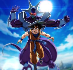  2boys black_hair blue_boots blue_sash blue_shirt blurry blurry_background boots colored_skin cooler_(dragon_ball) dougi dragon_ball dragon_ball_z glowing glowing_eyes goketerhc highres invincible_(series) male_focus multiple_boys muscular muscular_male orange_pants orange_shirt pants purple_skin red_eyes sash shirt son_goku spiky_hair sun 