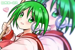  1girl commentary_request green_eyes green_hair heart highres holding holding_mop kiririn_(pixiv_31446855) looking_at_viewer mop multi_(to_heart) open_mouth partial_commentary red_sailor_collar robot_ears sailor_collar school_uniform short_hair smile solo tagme to_heart to_heart_(series) 